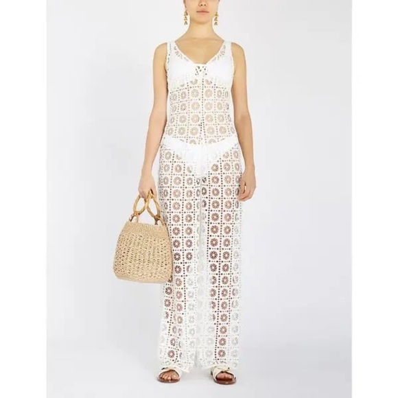 Myla London Vine Street Jumpsuit Sheer Crochet Resortwear Size Small White EUC - Picture 1 of 10
